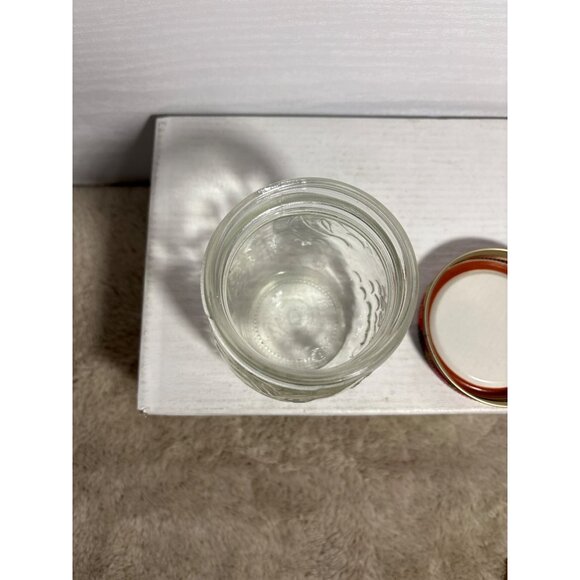 Small Glass Jar With Fruit Print Lid Embossed Fruit Design 3.5 Inches Tall  Jam - Picture 7 of 7